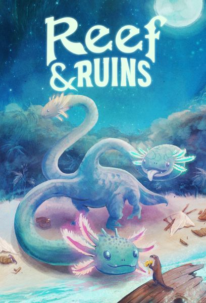 Reef & Ruins (PREORDER) - Colorful board game box cover featuring whimsical aquatic creatures under a moonlit ocean scene with the title Reef & Ruins.