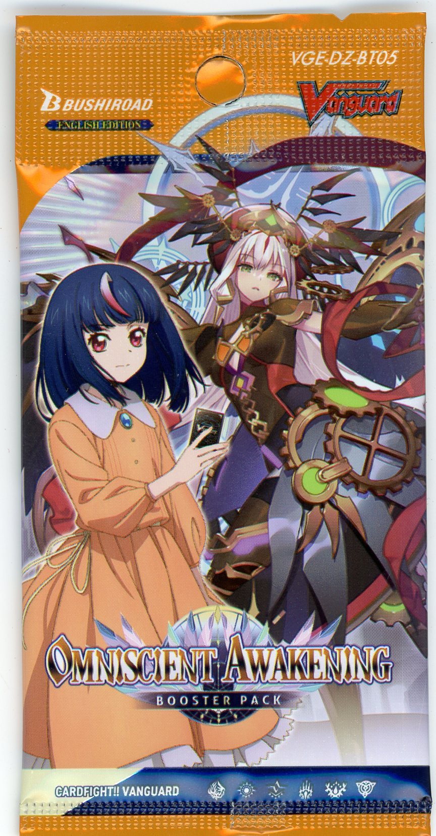 Cardfight Vanguard - Omniscient Awakening Booster Pack - Cardfight Vanguard Omniscient Awakening booster pack with vibrant anime characters in orange and purple tones.