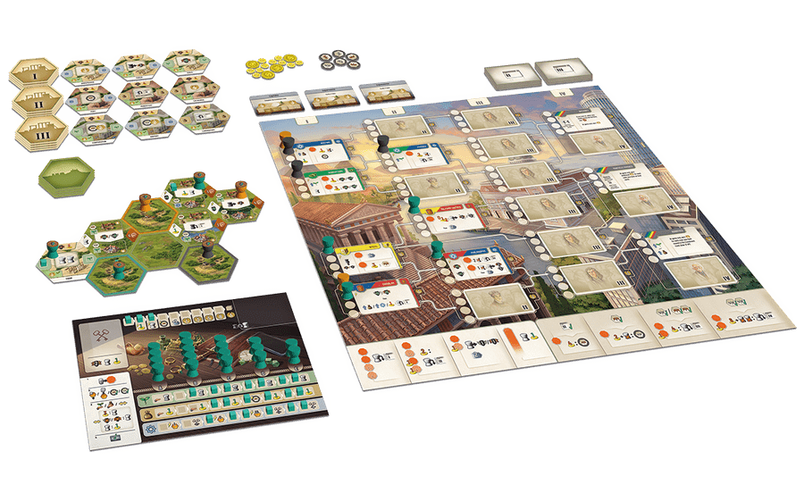 Beyond the Horizon - Board game setup with modular hex tiles, detailed map board, player boards, and various tokens in earth tones and muted.