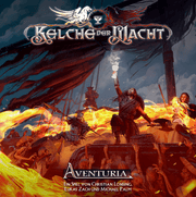 Aventuria, 2e: Chalices of Power (Core Game) (PREORDER) - Dark fantasy game box cover with warriors battling fiery lava and magical energy under a stormy sky.