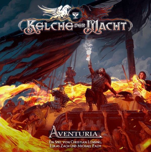 Aventuria, 2e: Chalices of Power (Core Game) (PREORDER) - Dark fantasy game box cover with warriors battling fiery lava and magical energy under a stormy sky.