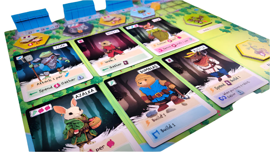 Emberleaf - Colorful strategy card game layout with vibrant character cards featuring animals and fantasy themes on a detailed game.