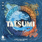 Tatsumi (PREORDER) - Round game box with a blue and brown dragon design swirling around the logo "Tatsumi" in bold white letters.