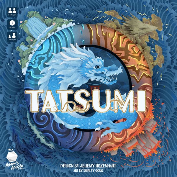 Tatsumi (PREORDER) - Round game box with a blue and brown dragon design swirling around the logo "Tatsumi" in bold white letters.