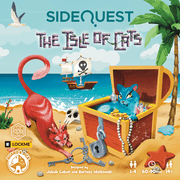 Side Quest: The Isle of Cats - Colorful board game box cover featuring a red cat, a blue cat inside a treasure chest, a pirate ship, palm tree, and beach.