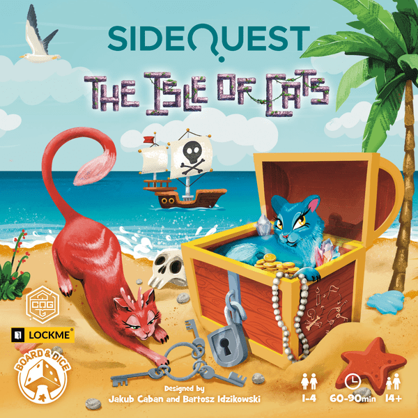 Side Quest: The Isle of Cats - Colorful board game box cover featuring a red cat, a blue cat inside a treasure chest, a pirate ship, palm tree, and beach.