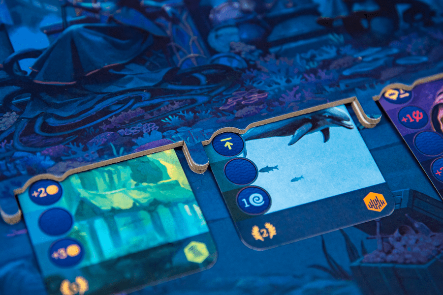 Aquatica Duellum (PREORDER) - Board game featuring colorful, detailed cards with underwater and aquatic themes on a dark blue play mat.