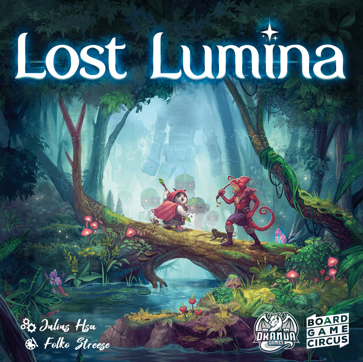 Lost Lumina: Base Game - Colorful fantasy board game box featuring two whimsical characters crossing a forest bridge under glowing light effects.