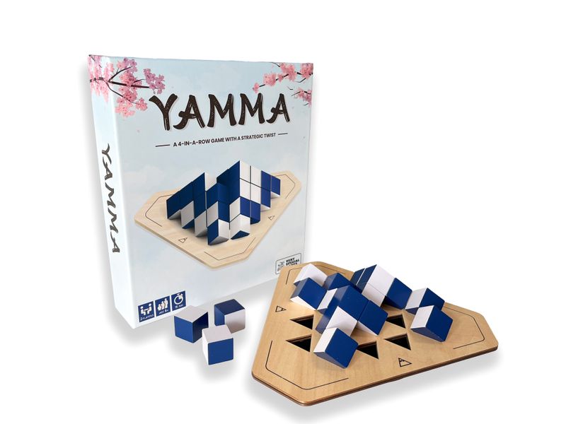 Yamma (PREORDER) - Board game Yamma with natural wood hexagonal board and blue and white wooden game pieces.
