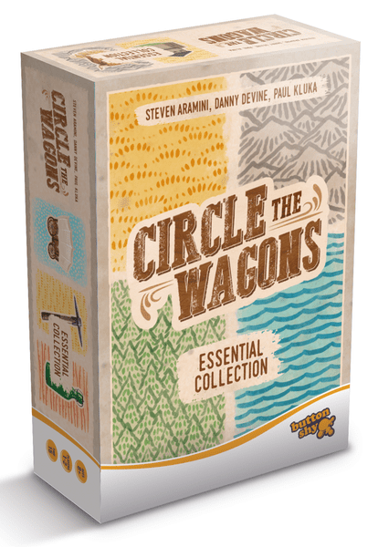 Circle the Wagons: Essential Collection (PREORDER) - Rectangular board game box with rustic typography and colorful map sections in yellow, gray, blue, and green titled Circle.