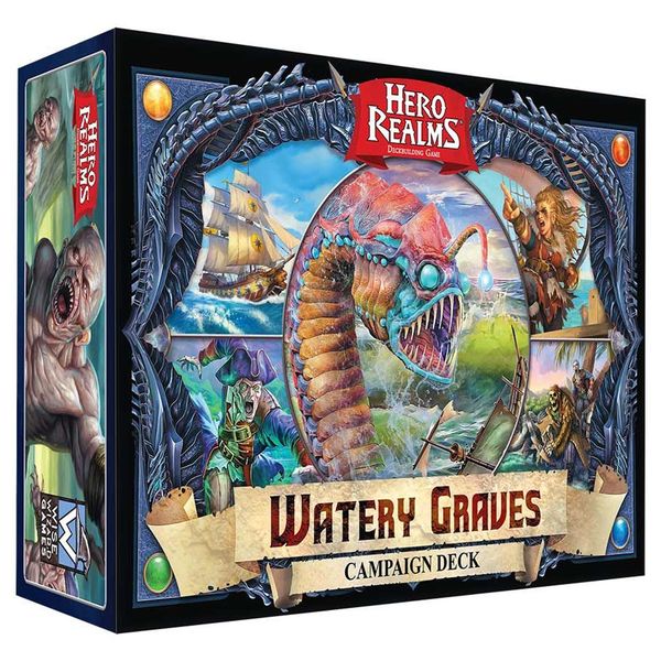 Hero Realms: Watery Graves Campaign Deck (PREORDER) - Hero Realms Watery Graves Campaign Deck box with aquatic monster, pirate ship, and fantasy characters on dark blue.