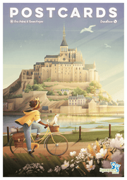 Postcards (PREORDER) - Postcard illustration of a coastal castle on a hill with a person in a yellow coat and hat riding a bike by flowers under a.