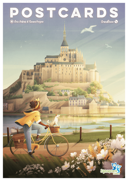 Postcards (PREORDER) - Postcard illustration of a coastal castle on a hill with a person in a yellow coat and hat riding a bike by flowers under a.