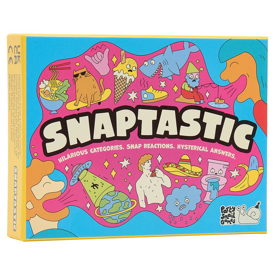 Snaptastic (PREORDER) - Colorful Snaptastic party game box with vibrant blue, pink, and yellow playful cartoon illustrations and bold white and.