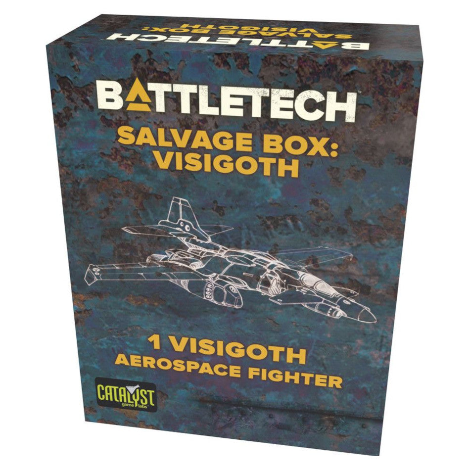 BattleTech: Salvage Blind Box - Visigoth (PREORDER) - Dark blue BattleTech Salvage Box with yellow text and white outline of Visigoth aerospace fighter on front.