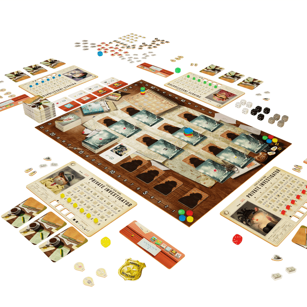 Sudds & Malone (PREORDER) - Board game setup featuring a detailed map with character cards, tokens, dice, and colorful game pieces spread across a white