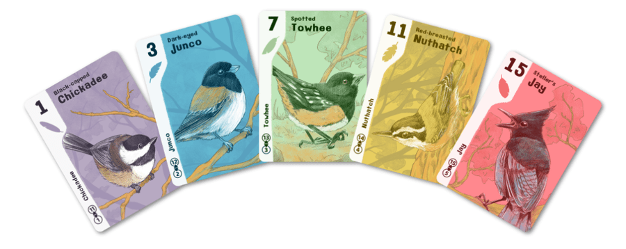 Trickadee - Colorful playing cards featuring different bird illustrations and numbers on white backgrounds.