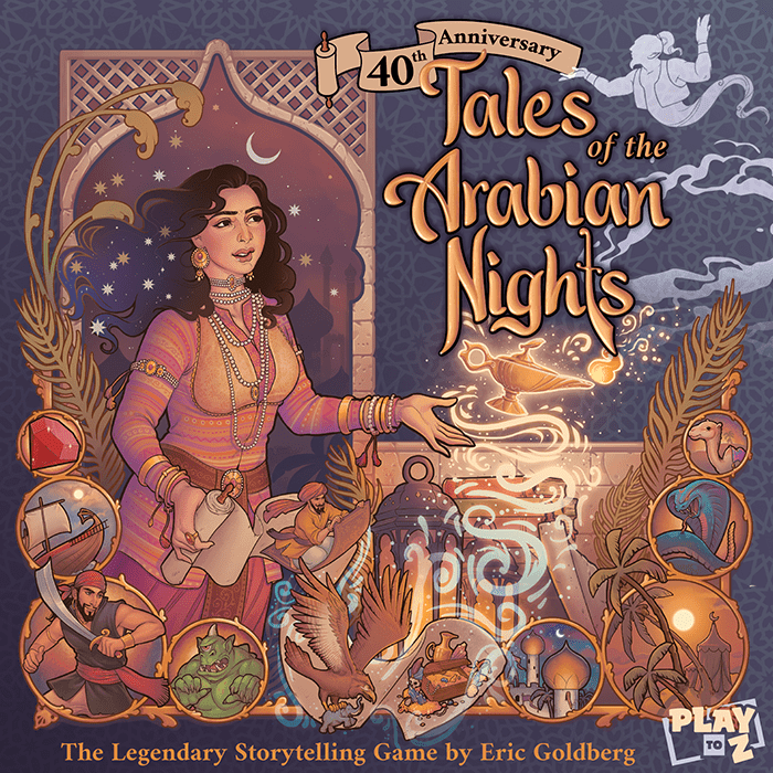 Tales Of The Arabian Nights (40th Anniversary) (PREORDER) - Colorful board game box featuring a mystical Arabian woman with flowing dark hair, surrounded by magical smoke, desert.