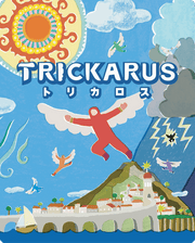 Trickarus (PREORDER) - Colorful game box cover featuring a stylized sun, blue sky, white clouds, birds, a red figure leaping, and a coastal village