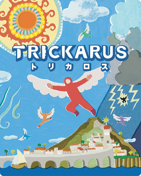 Trickarus (PREORDER) - Colorful game box cover featuring a stylized sun, blue sky, white clouds, birds, a red figure leaping, and a coastal village