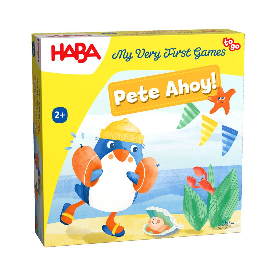 My Very First Games To Go: Pete Ahoy - Colorful kids game box featuring a penguin in a yellow sailor hat playing by the seaside with shells and seaweed on a yellow