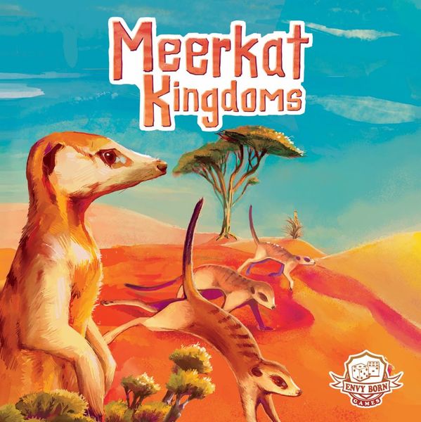 Meerkat Kingdoms (PREORDER) - Colorful board game cover featuring meerkats and antelopes in a desert landscape with bright blue sky and orange sand dunes.