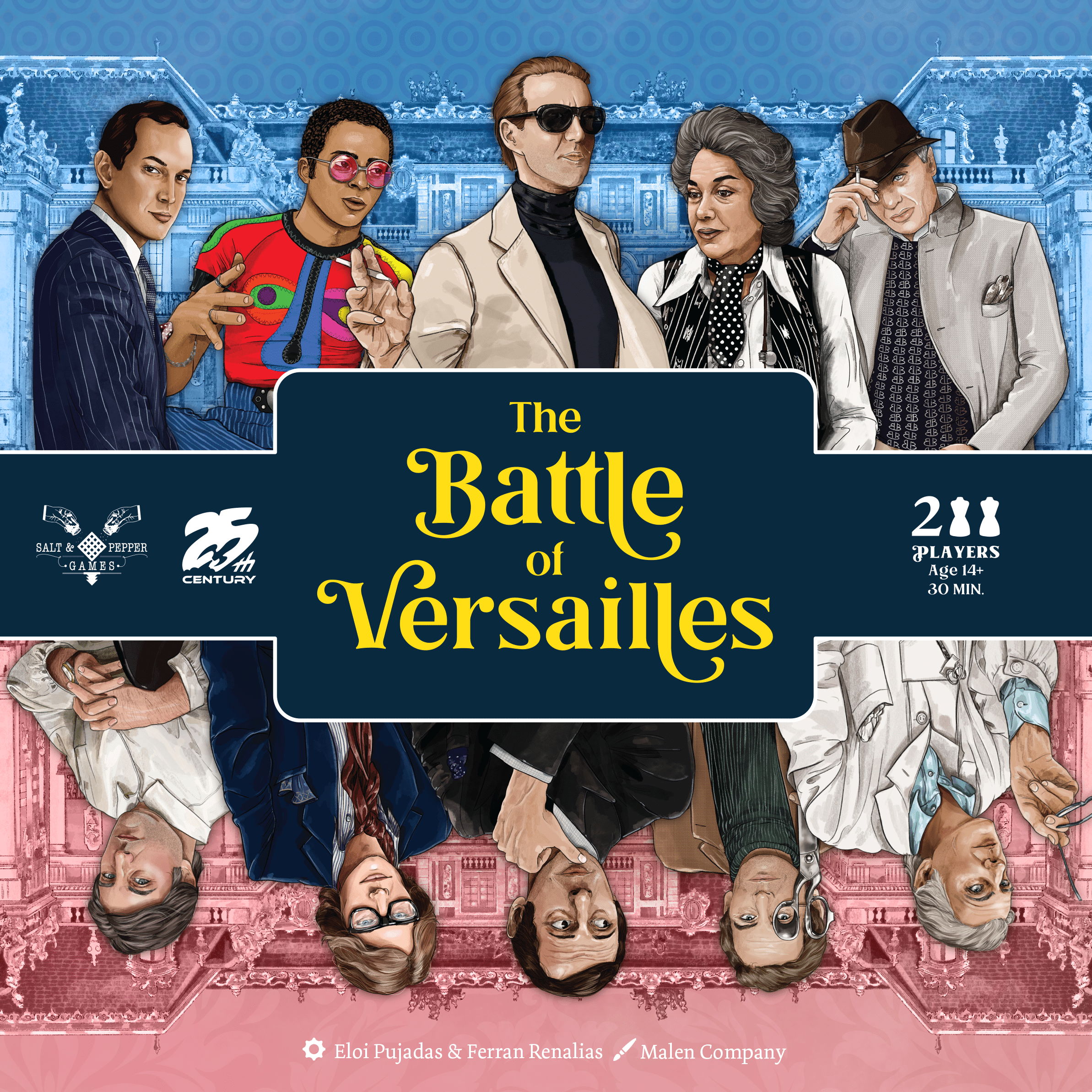 Battle of Versailles (PREORDER) - Square game box for The Battle of Versailles strategy game featuring illustrated diverse characters in 1960s fashion on blue