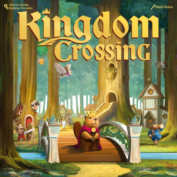Kingdom Crossing (PREORDER) - Colorful board game box cover showing an animated forest village with a squirrel king seated on a wooden throne surrounded.