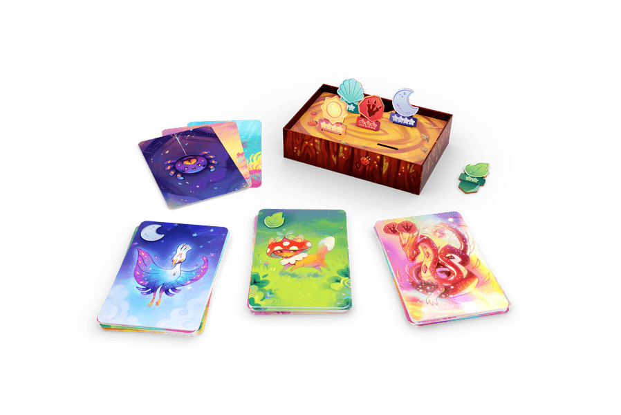 Mooki Island - Colorful game cards with fantasy illustrations laid out next to a wooden game board featuring small character tokens and a.