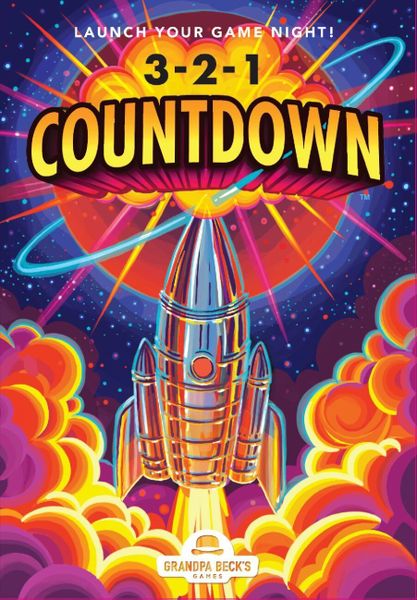 3-2-1 Countdown - Colorful game box with a shiny silver rocket blasting off against a red planet and starry background, featuring bold yellow.