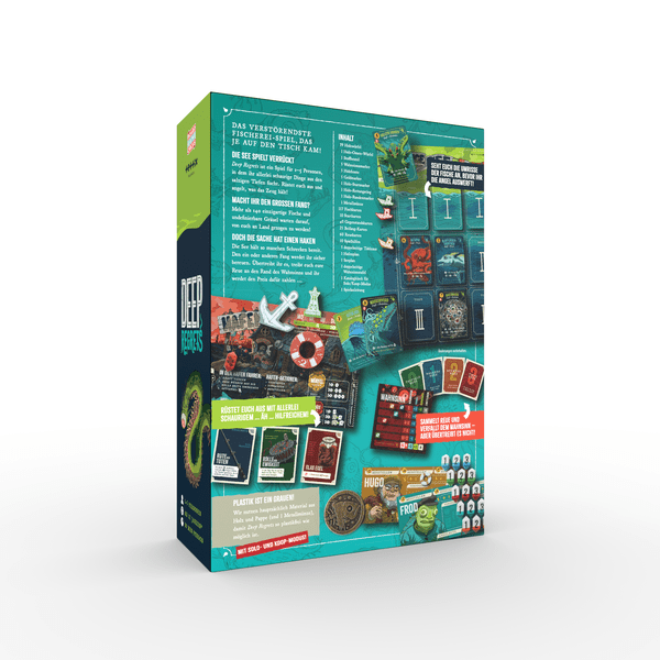 Deep Regrets - Vertical rectangular board game box with dark blue-green background, featuring detailed illustrations of game components and