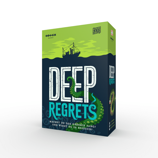 Deep Regrets - Rectangular box with green and dark blue sea-themed design showing a fishing boat silhouette and tentacles, titled Deep.