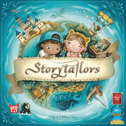 Storytailors - Colorful kids’ storytelling game box with cartoon children, castle, ship, hot air balloon, and fantasy map background.