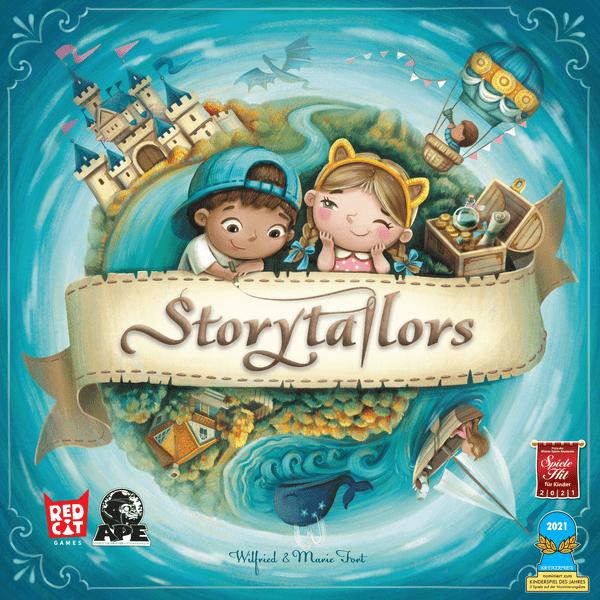 Storytailors - Colorful kids’ storytelling game box with cartoon children, castle, ship, hot air balloon, and fantasy map background.