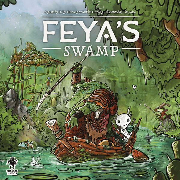 Feya's Swamp (PREORDER) - Fantasy board game box with detailed swamp scene featuring diverse woodland creatures and a large turtle boat in green and.