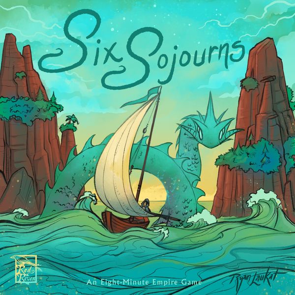 Six Sojourns (PREORDER) - Colorful game box cover featuring a stylized sailboat on wavy water with towering red rock cliffs and a mythical sea serpent
