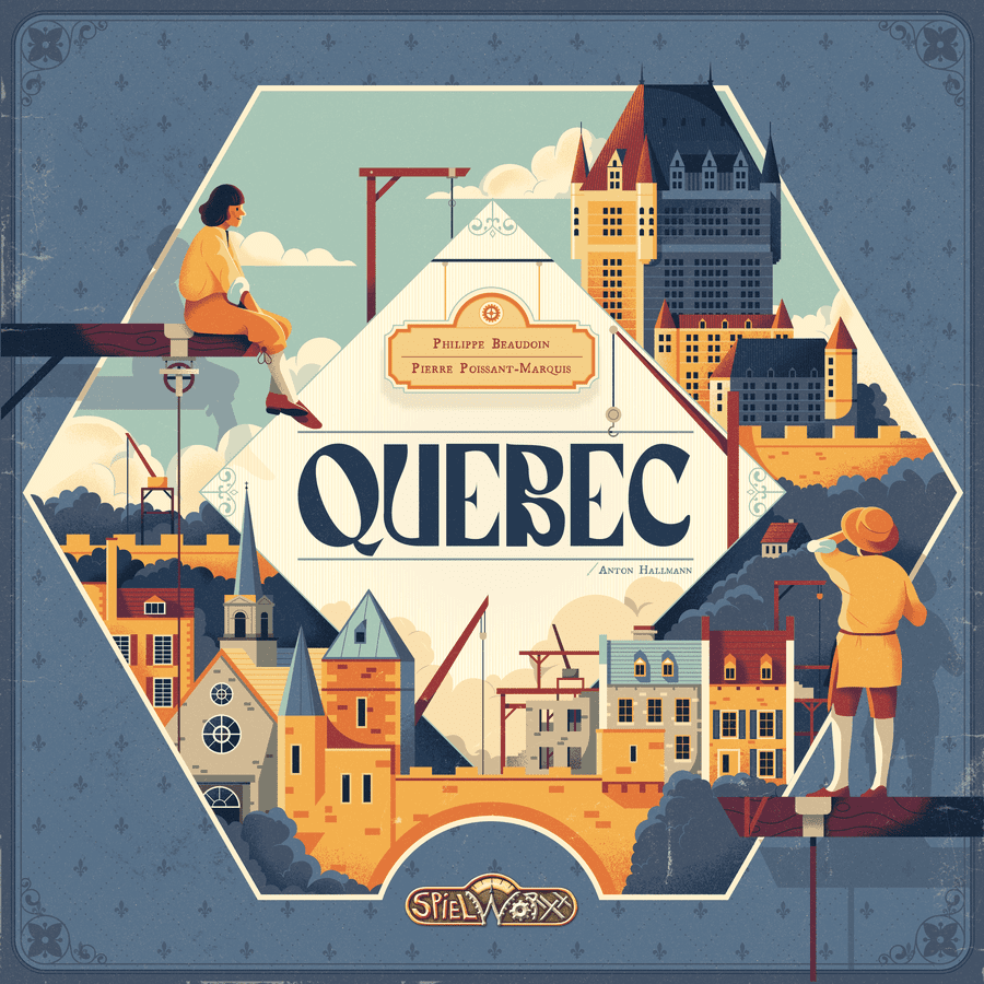 Quebec (PREORDER) - Hexagonal board game box cover with illustrated historic Quebec cityscape, muted blue and beige tones, two figures in period