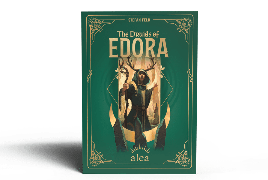 The Druids of Edora - Green strategy board game box titled The Druids of Edora with intricate gold detailing and druid character artwork on front.