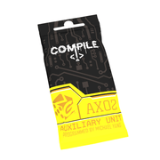 Compile: Aux 2 - Black and yellow card game expansion pack with circuit board design and text Compile Aux 2 Auxiliary Unit.