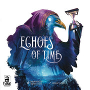 Echoes of Time - Dark blue raven with a golden beak holding an hourglass, mystical forest background, "Echoes of Time" text in white ornate.
