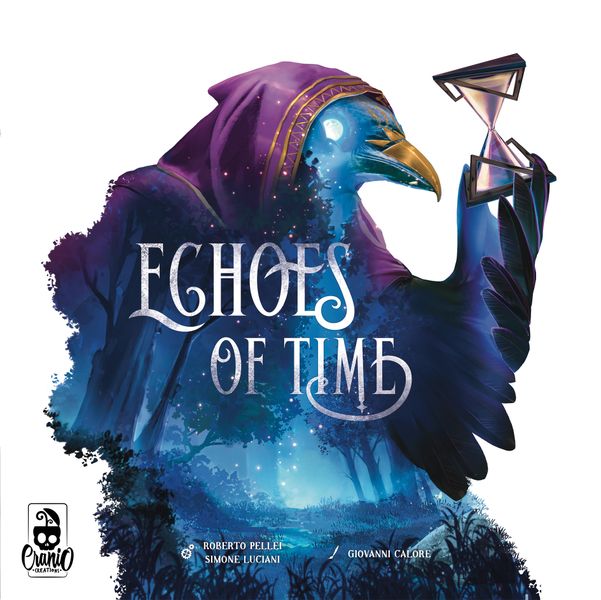 Echoes of Time - Dark blue raven with a golden beak holding an hourglass, mystical forest background, "Echoes of Time" text in white ornate.