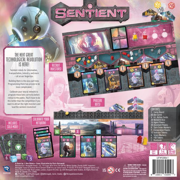 Sentient (PREORDER) - Colorful strategy board game layout with cards, dice, player boards, and a futuristic theme.