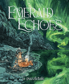 Emerald Echoes - Green fantasy-themed puzzle game cover with rocky cliffs, a campfire, and glowing emerald mist above water.