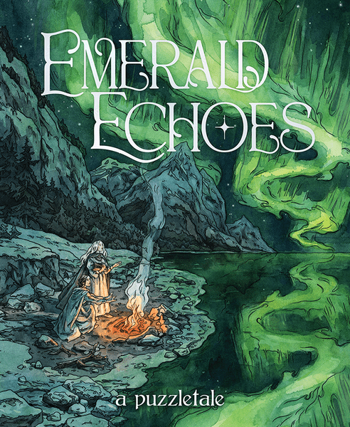Emerald Echoes - Green fantasy-themed puzzle game cover with rocky cliffs, a campfire, and glowing emerald mist above water.
