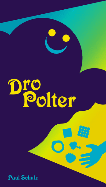 DroPolter (PREORDER) - Dark purple ghost-shaped board game box with yellow eyes and smiling mouth, yellow "Dro Polter" text, and blue game pieces.