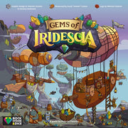 Gems of Iridescia - Colorful fantasy airships with sails and balloons floating in a cloudy sky, stylized logo reading Gems of Iridescia in.