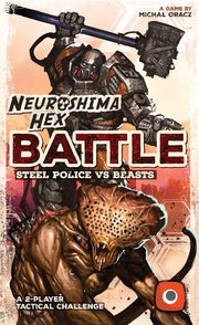 Neuroshima Hex: Battle - Neuroshima Hex Battle board game box featuring armored steel police wielding mace and muscular beast in combat illustration.