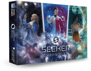 Seeker Chronicles - Seeker Chronicles card game box with colorful cosmic artwork featuring three characters in dynamic poses against a starry.