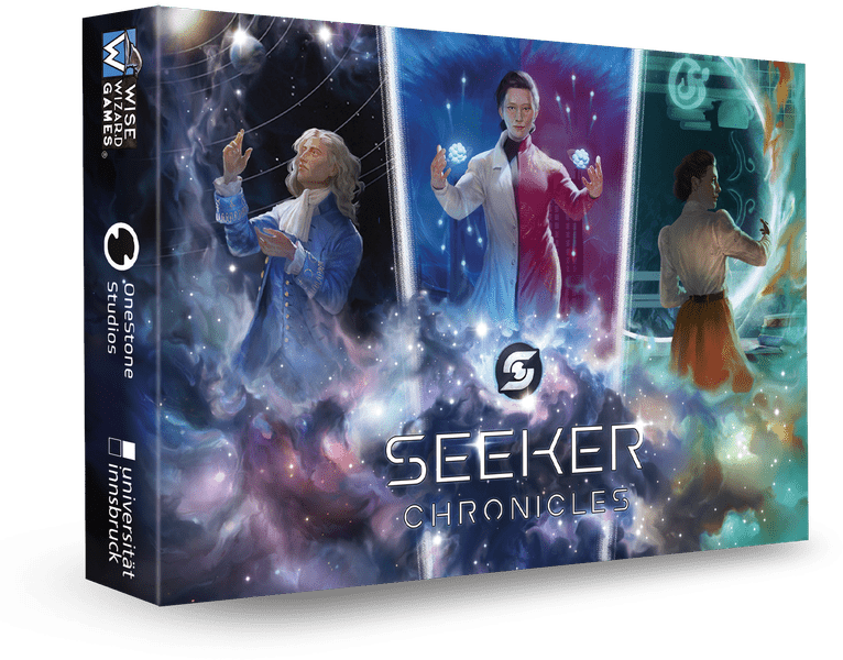 Seeker Chronicles - Seeker Chronicles card game box with colorful cosmic artwork featuring three characters in dynamic poses against a starry.