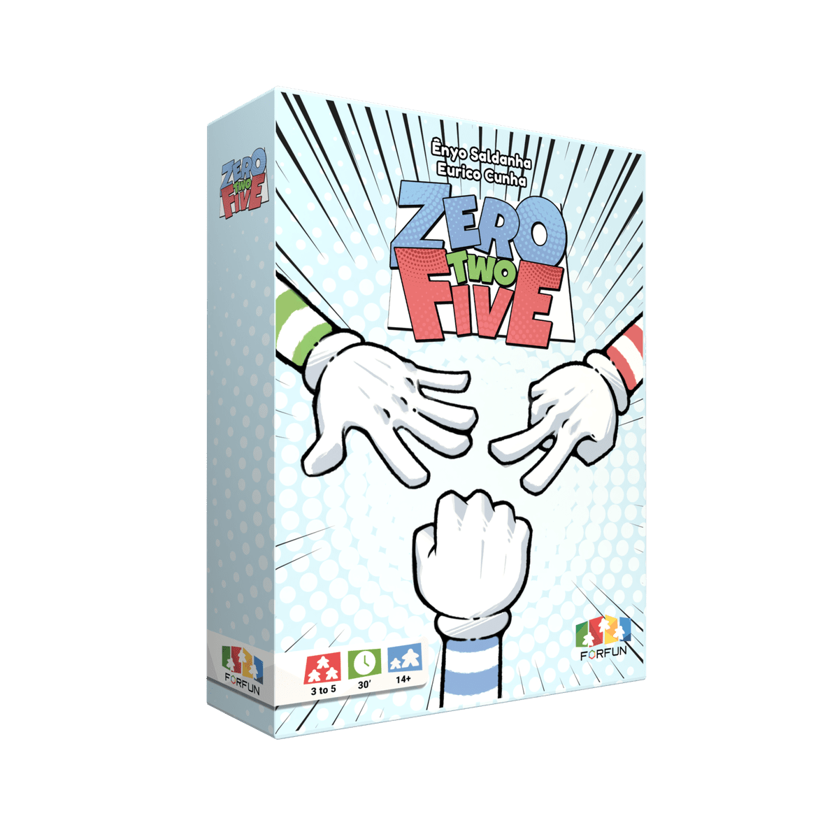 Zero Two Five (PREORDER) - Card game box with hands in white gloves making gestures, colorful "Zero Two Five" title on light blue dotted background.